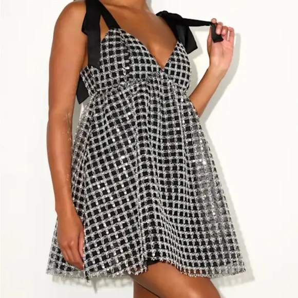 Neandra Black Pearl Tie-Strap Babydoll Mini Dress - Picture 1 of 3